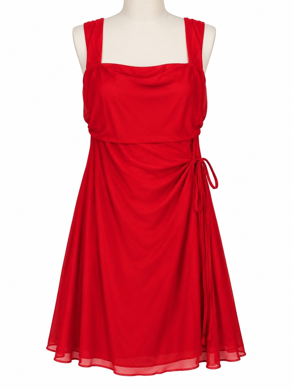 DAAWENXI Red Mesh Mini Dress XL Square Neck Ruched Side Tie NWT